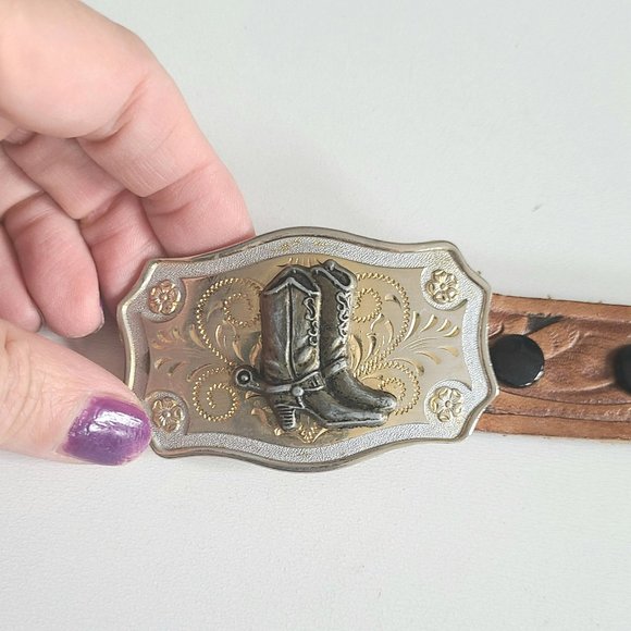 tooled leather belt Accessories - Tooled Western style leather belt with cowboy boot design metal buckle.